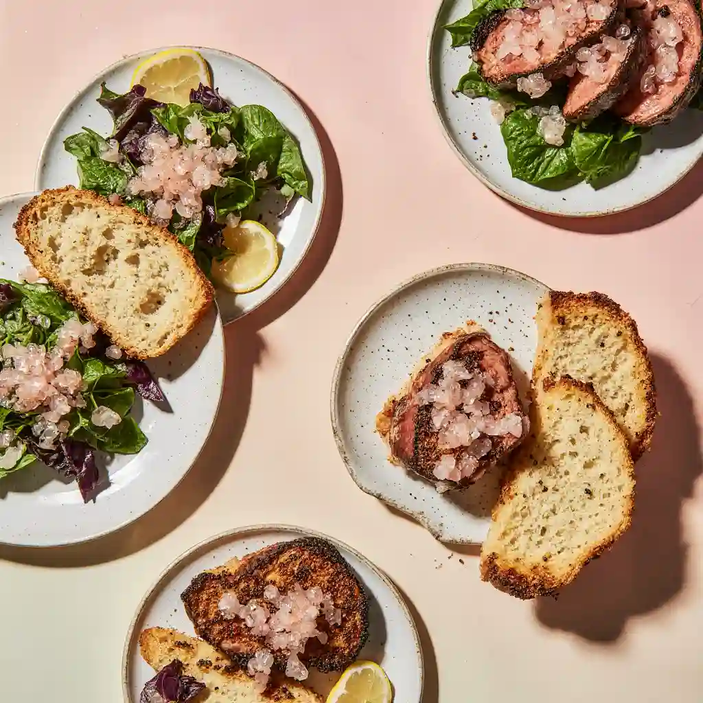 Healthy meals made with pink Himalayan salt, including watermelon salad and chocolate bark, served in a modern kitchen.