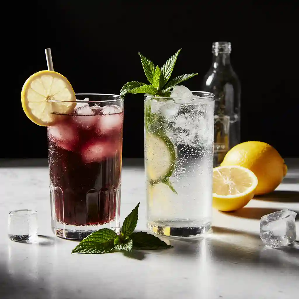 Ingredients for a Transfusion Drink:, grape juice, lemonade, soda water, fresh mint, and lemon slices on a kitchen counter.