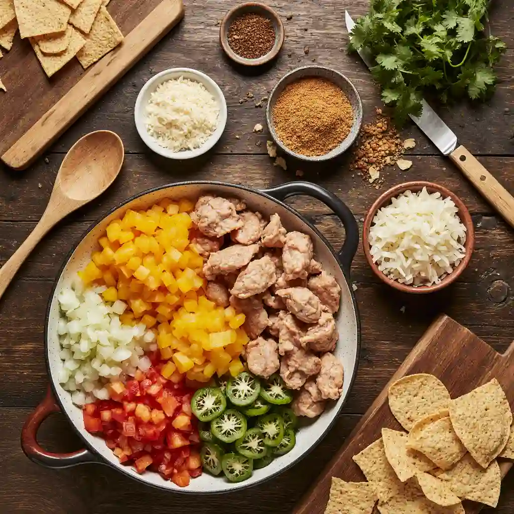 Fresh ingredients for Best Chicken Fajita Casserole: chicken, bell peppers, onions, cheddar cheese, tortilla chips, and fajita seasoning.