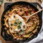 Leftover chicken fajita meat recipes served with colorful vegetables and cauliflower rice, garnished with guacamole and cheese, in a bright kitchen.