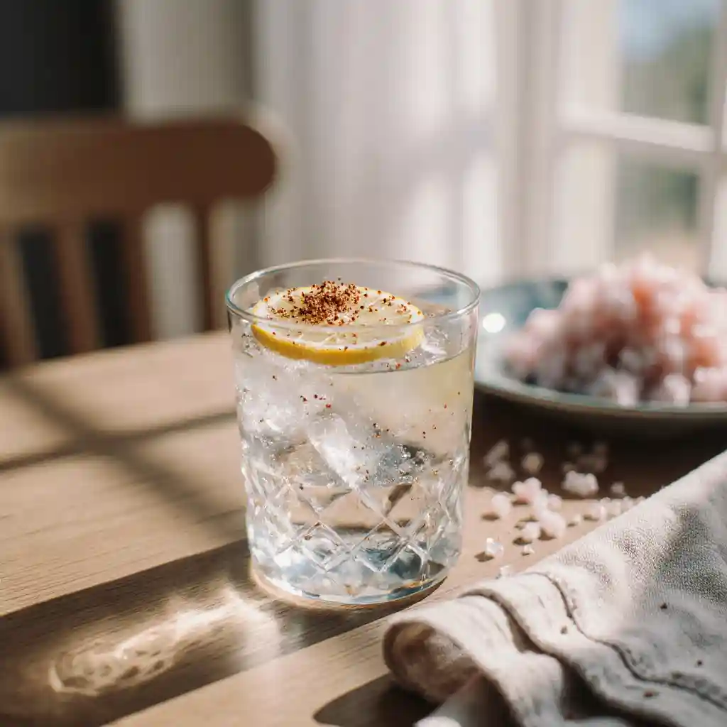 Refreshing glass of pink salt trick ingredients in a calming kitchen setting