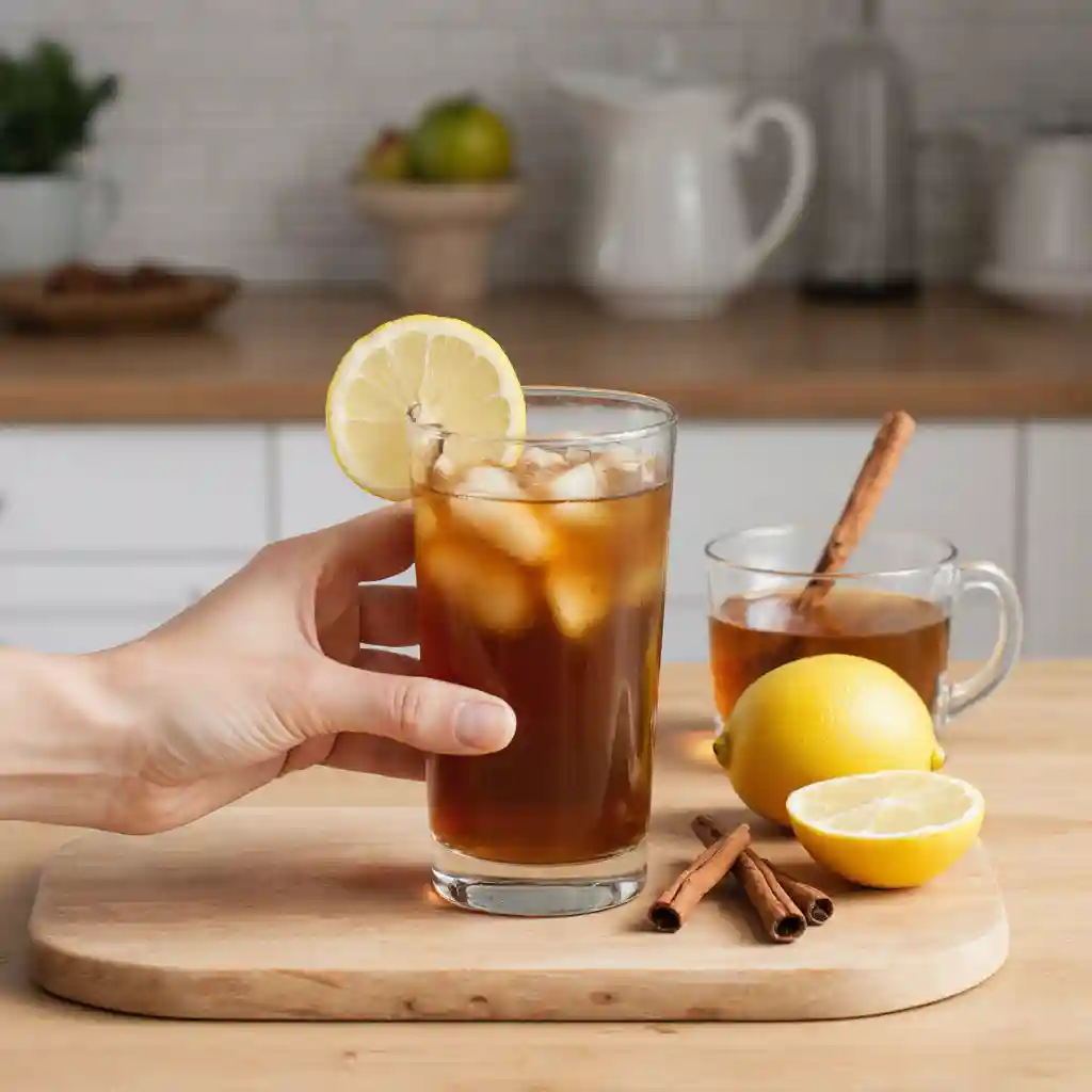 Completed Natural Zepbound Recipe for Weight Loss in a glass on a wooden kitchen table with fresh ingredients around