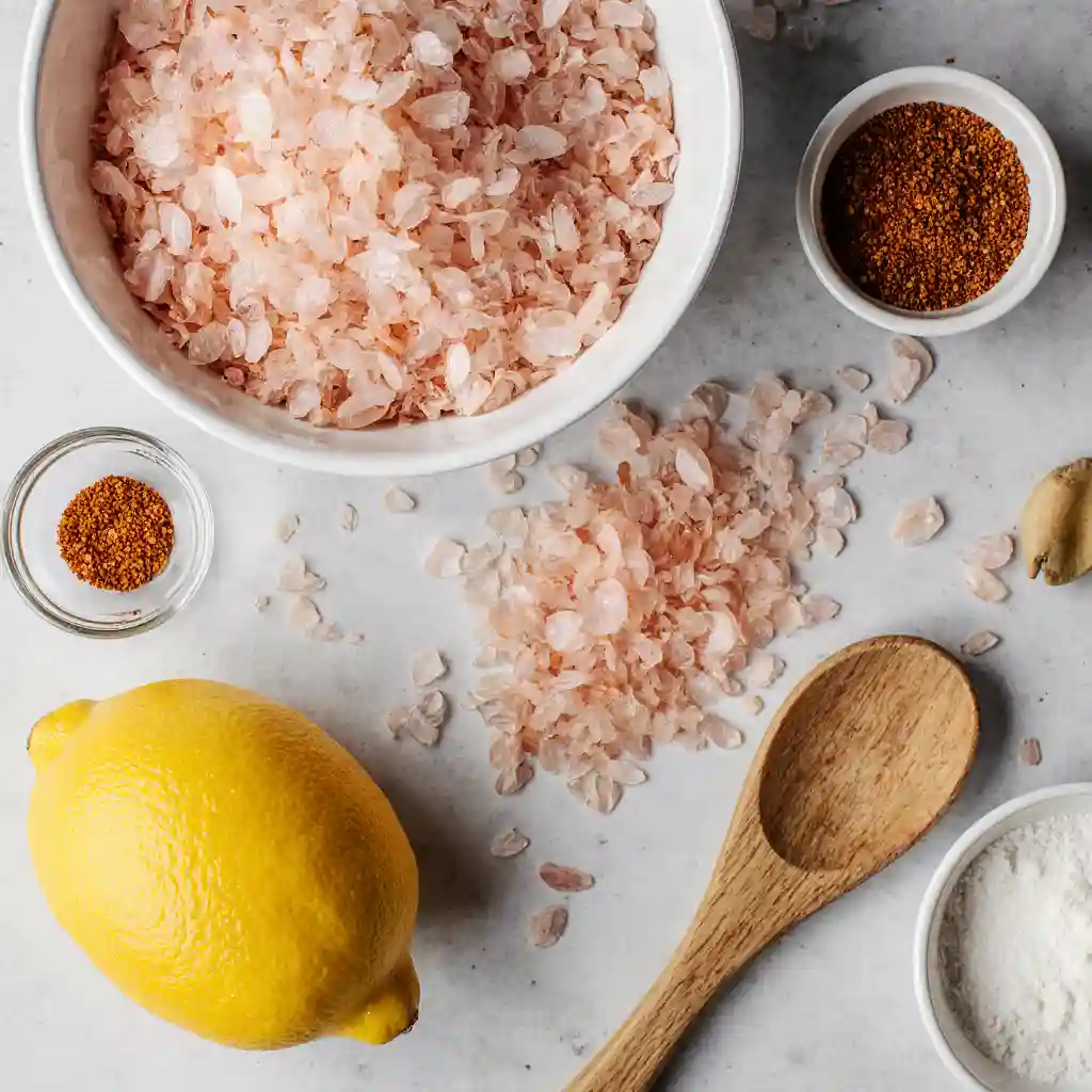 Burnjaro Pink Salt Recipe ingredients: Pink salt, lemon, quercetin, berberine for a healthy drink.