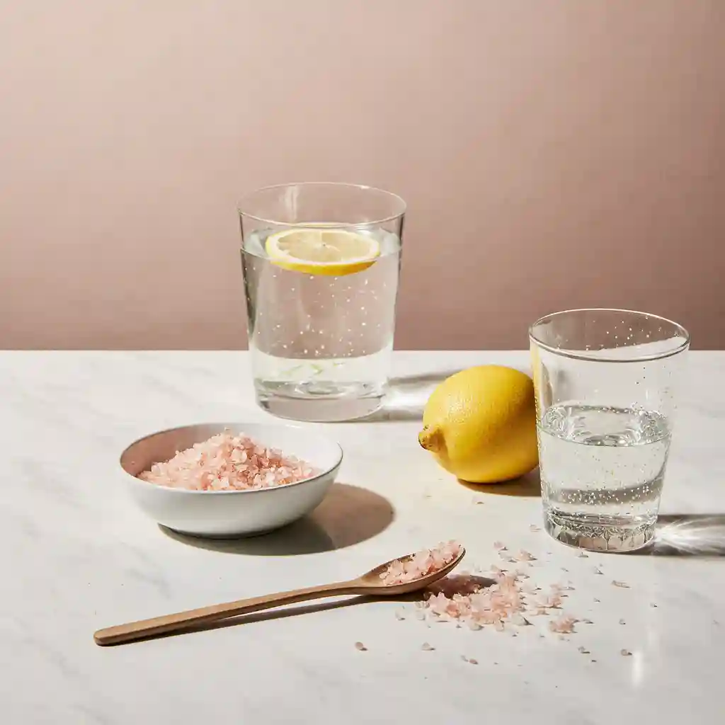 Ingredients for Barislend Pink Salt Trick: pink Himalayan salt, lemon, water, and Pink Sauce Allie.