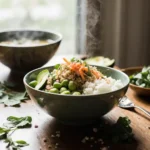 Recette du Mounjaro Naturel: Healthy, vibrant Mounjaro-inspired bowl with quinoa, edamame, avocado, and vegetables, ready to enjoy