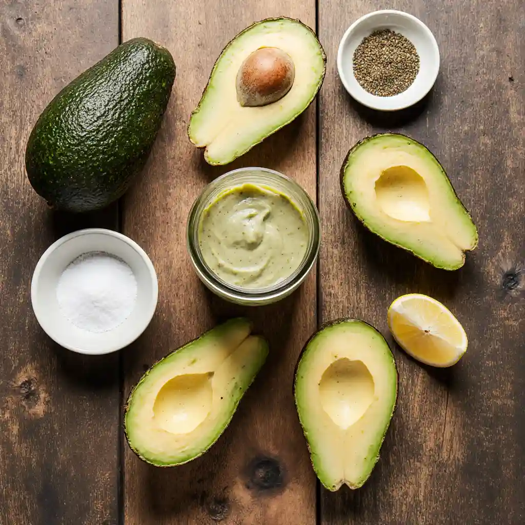 Ingredients for homemade avocado mayo: ripe avocados, avocado oil mayo, lemon juice, and seasoning