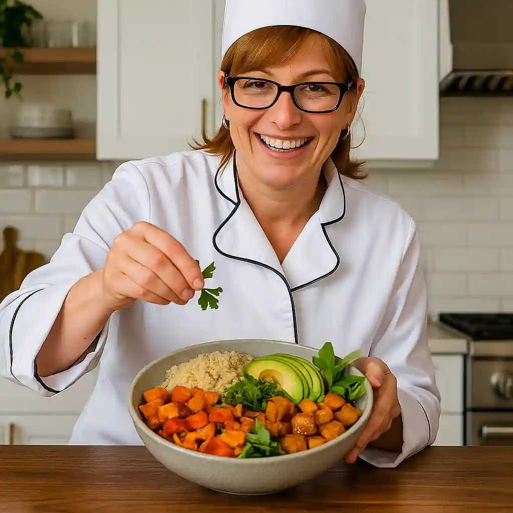 Woman serving a high-protein vegan meal prep recipes with quinoa, tofu, and roasted vegetabls