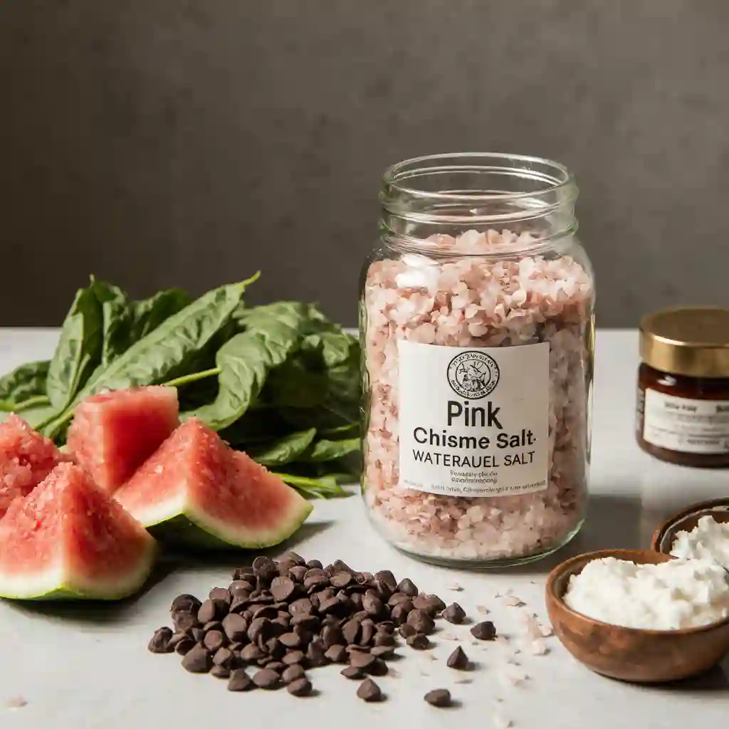 Fresh ingredients for recipes using pink salt, including dark chocolate, watermelon, spinach, and pink Himalayan salt