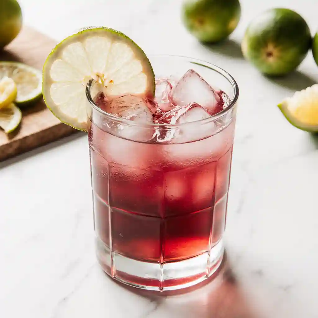 efreshing Transfusion Drink cocktail with ice, grape juice, lemonade, and mint leaves, served in a glass on a wooden bar counter.