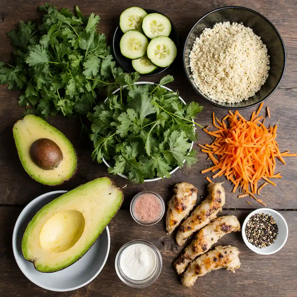 Key ingredients for the Japanese Monjaro recipe: quinoa, grilled chicken, avocado, cucumber, shredded carrots, tofu, sesame seeds, and pink salt