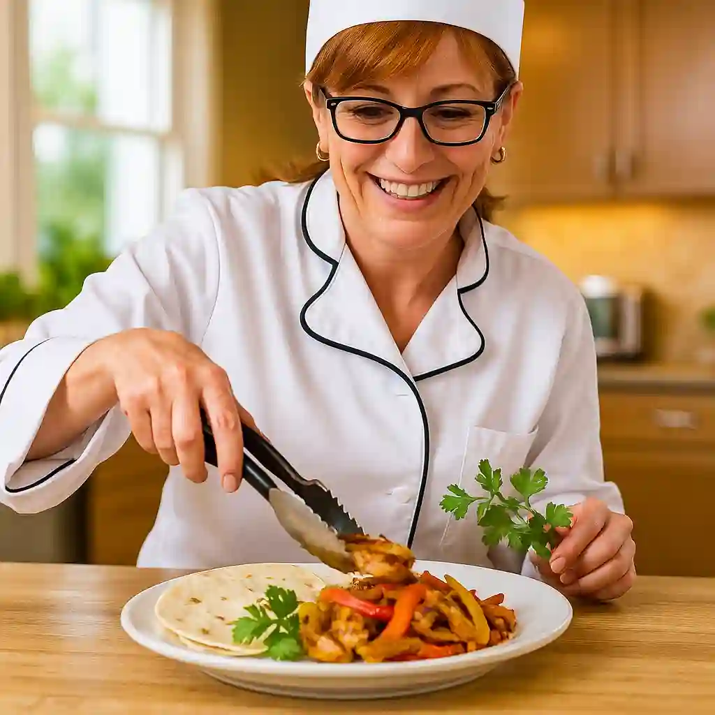 Chef Luna serving a plate of chicken fajitas with a smile in a well-lit professional kitchen