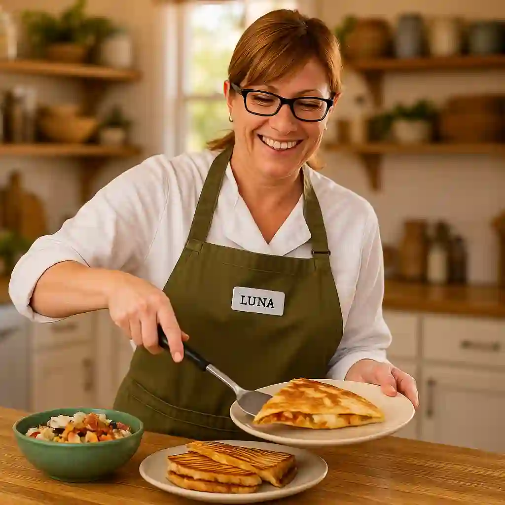 Woman serving chicken fajita leftover dish in a cozy kitchen