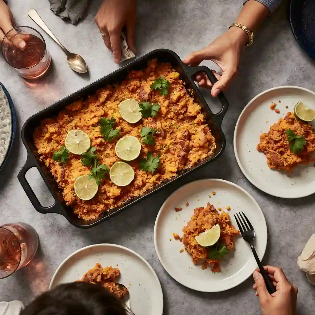 Best Chicken Fajita Casserole served on a dining table with family, garnished with cilantro and lime.