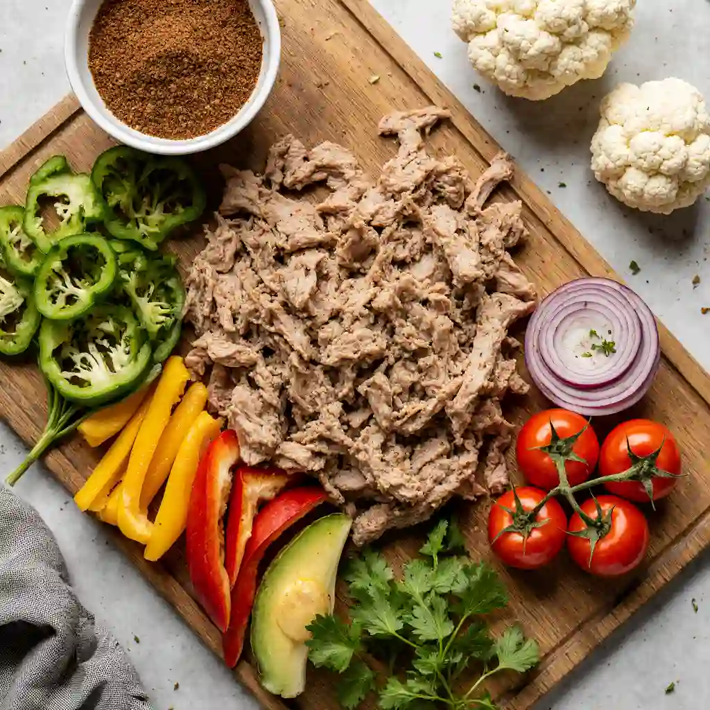 Ingredients for leftover chicken fajita meat recipes: shredded chicken, bell peppers, onions, tomatoes, fajita seasoning, cauliflower, and cilantro