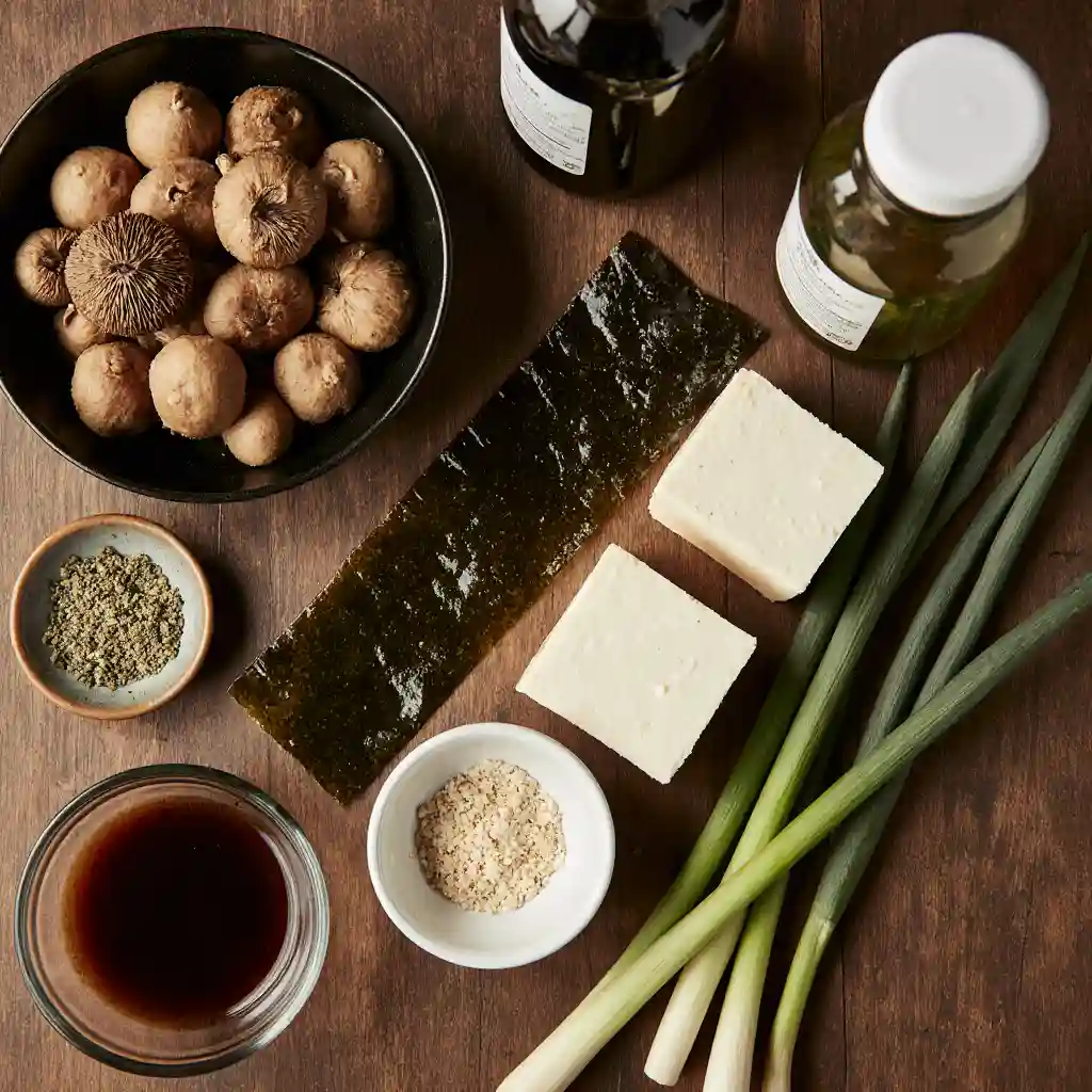 Fresh ingredients for Japanese clear soup: shiitake mushrooms, tofu, spring onions, bonito flakes, soy sauce, and kombu seaweed