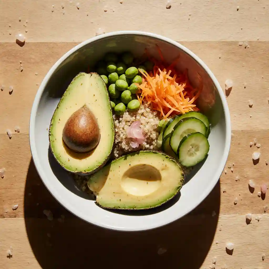 Fresh ingredients for Recette du Mounjaro Naturel: quinoa, avocado, edamame, cucumber, carrots, and pink salt