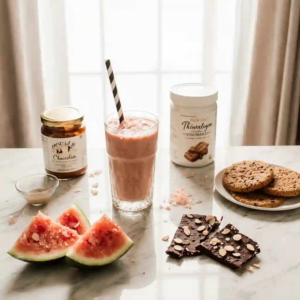 Assortment of delicious recipes using pink salt including smoothies, chocolate bark, and cookies in a bright kitchen