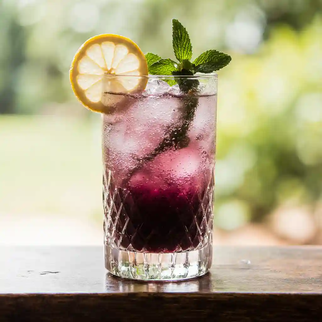 Close-up of a Transfusion Drink cocktail, bubbly and refreshing, served with ice, lemon slices, and mint leaves.