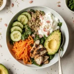 Japanese Monjaro recipe served with quinoa, grilled chicken, vegetables, avocado, and pink salt, ideal for weight loss