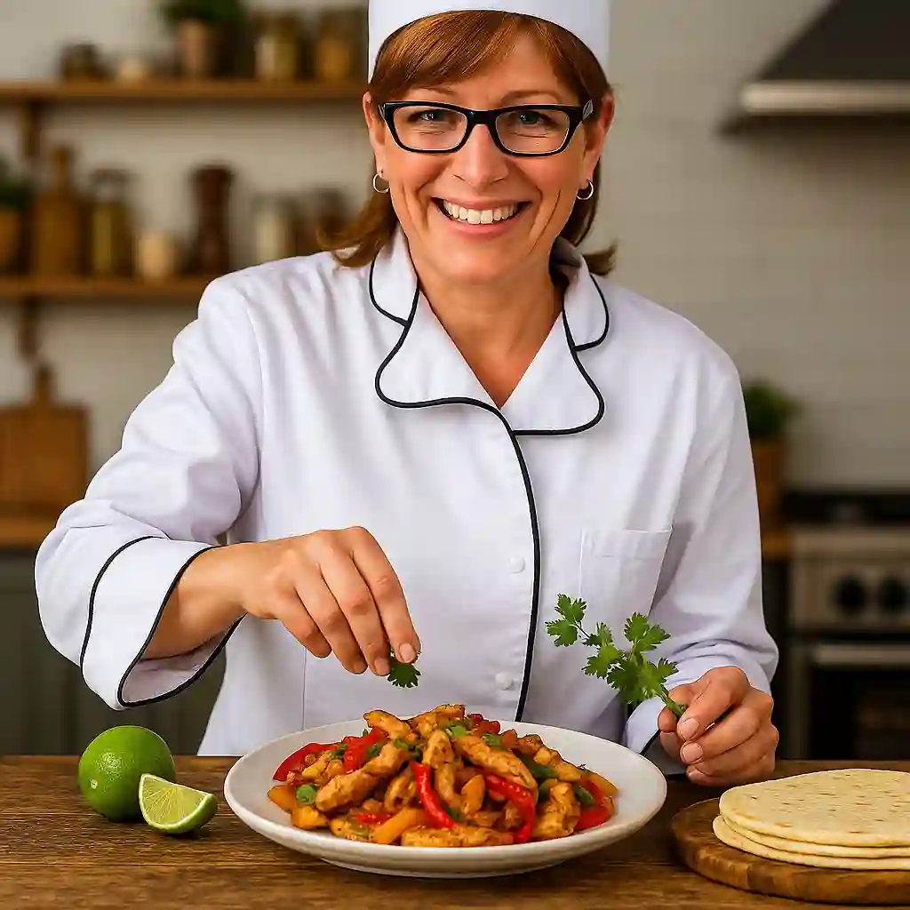 A woman serving grilled chicken fajitas with bell peppers, onions, and tortillas in a bright, cozy kitchen