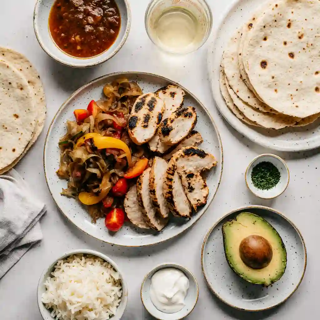 Chicken fajita leftover ingredients displayed: grilled chicken, peppers, tortillas, and cheese