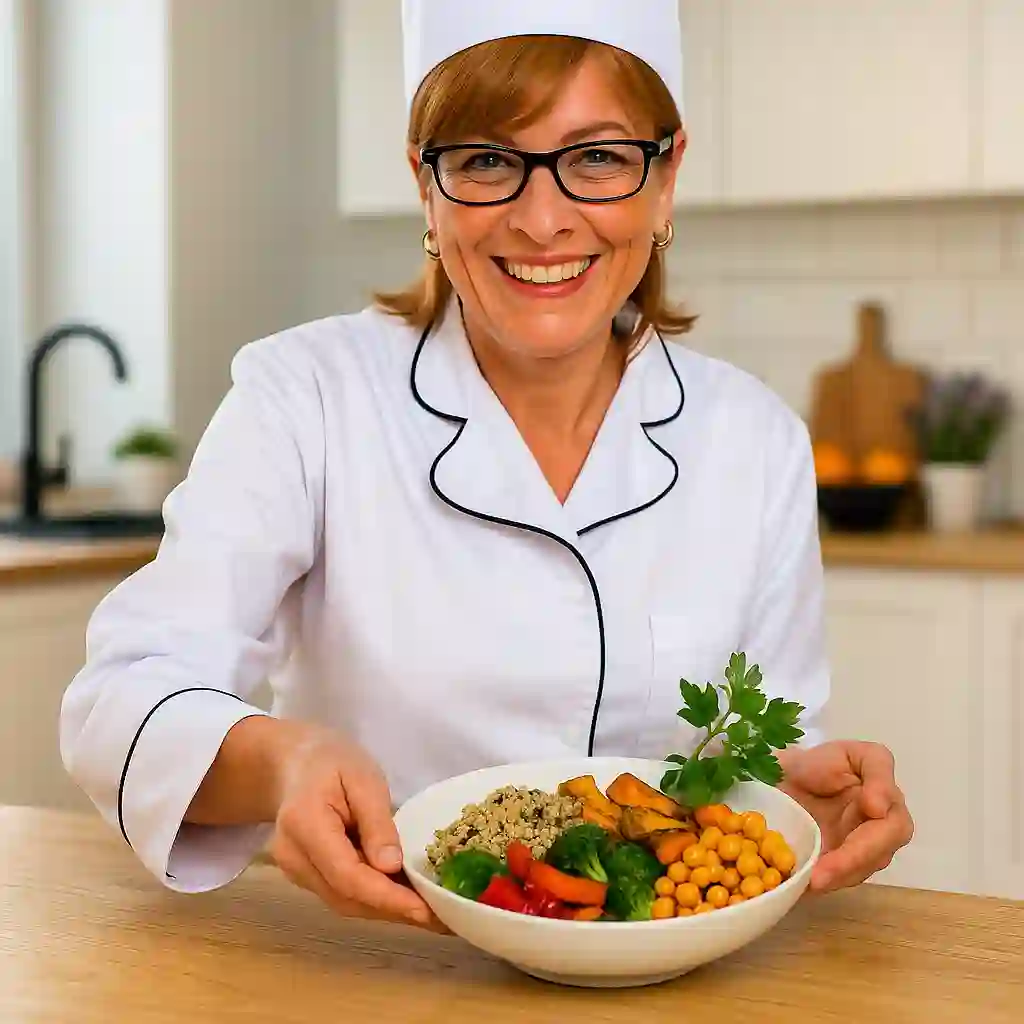 Women serving a healthy, delicious plant-based meal prep recipe with quinoa, roasted vegetables, and chickpeas