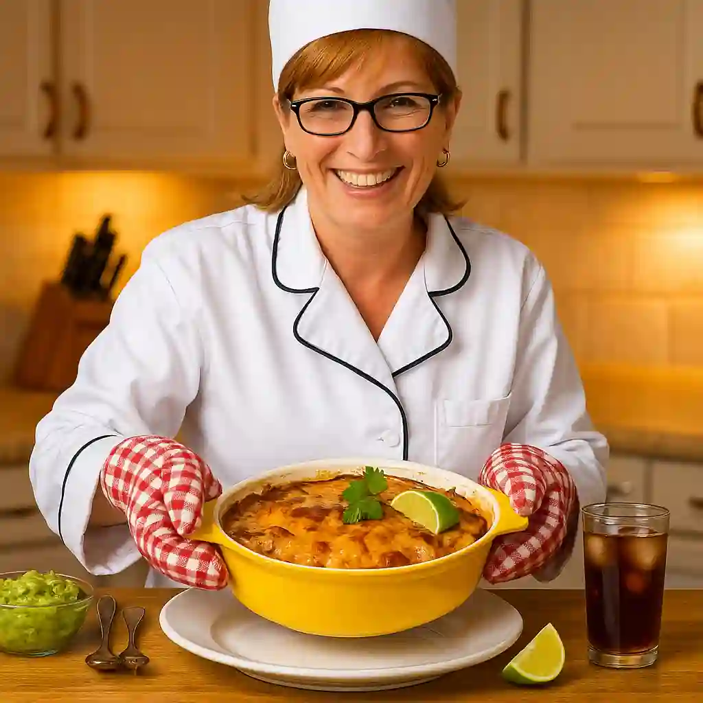 Women serving Best Chicken Fajita Casserole in a cozy kitchen, garnished with cilantro and lime.