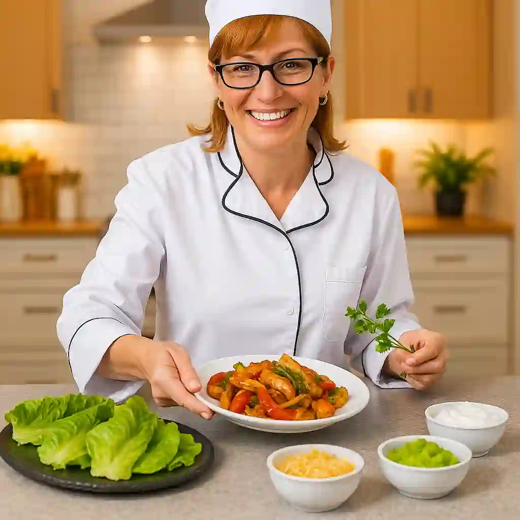 Women serving leftover chicken fajita meat with lettuce wraps, guacamole, and toppings in a modern kitchen, showcasing a delicious low-carb meal