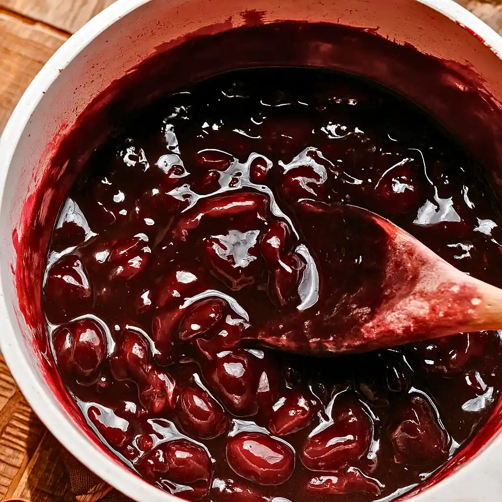 Cherry compote simmering with a wooden spoon in a white pot.