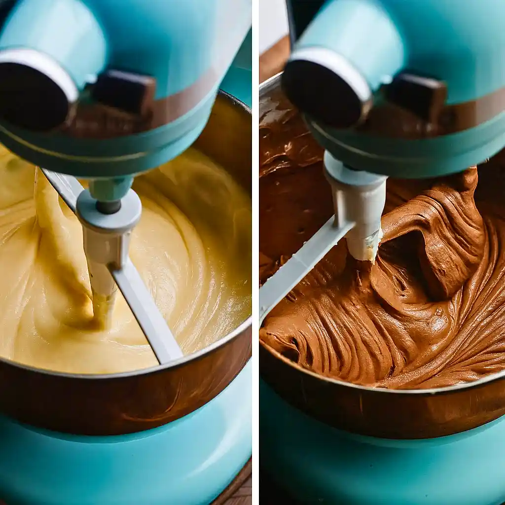 Whisking the cheesecake batter in a turquoise stand mixer.