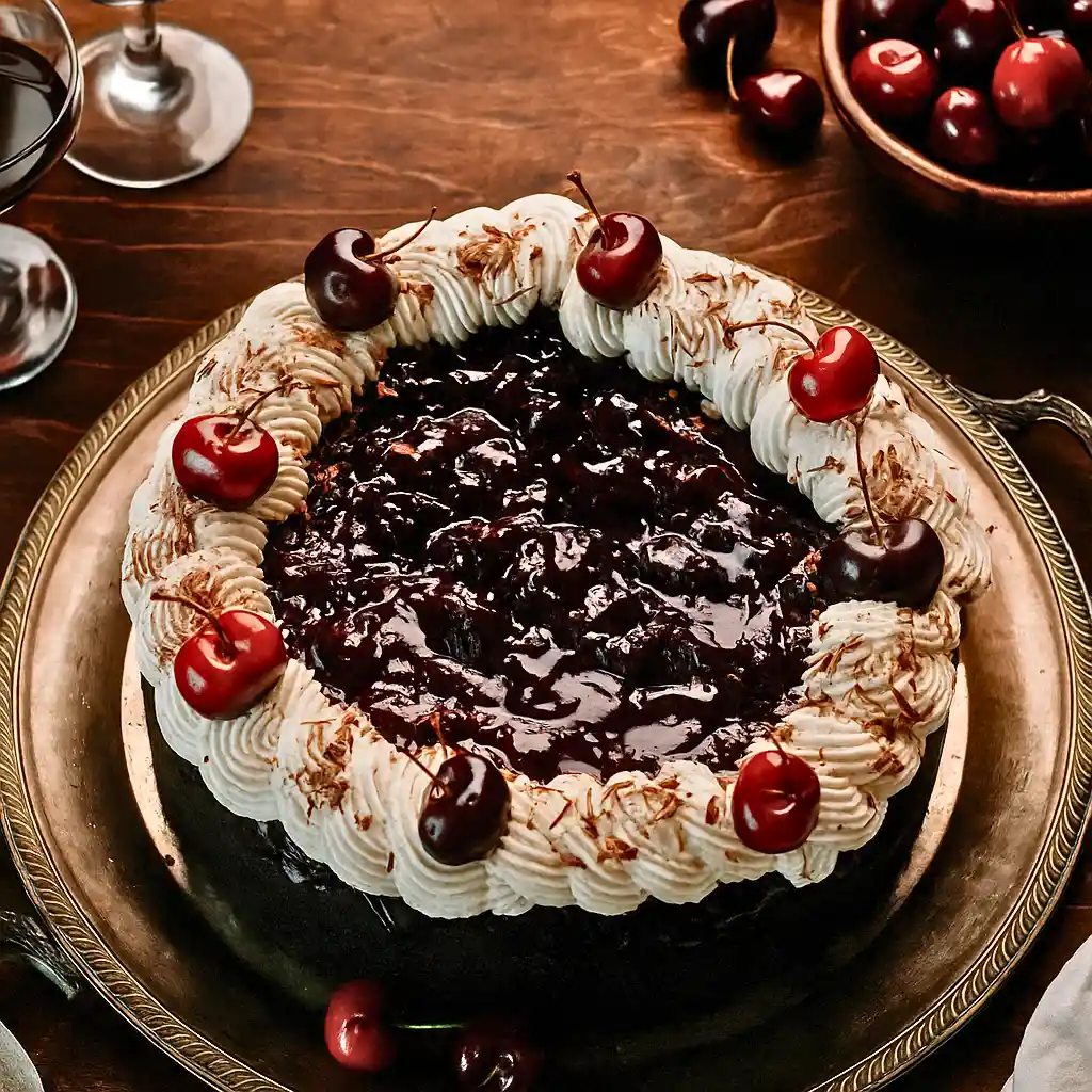 Black Forest Cheesecake topped with whipped cream, chocolate shavings, and fresh cherries.