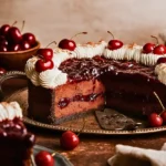 Slice of Black Forest Cheesecake with layers of chocolate and cherry compote.