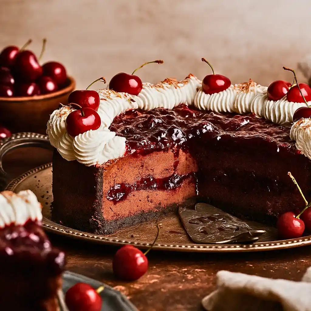 Slice of Black Forest Cheesecake with layers of chocolate and cherry compote.