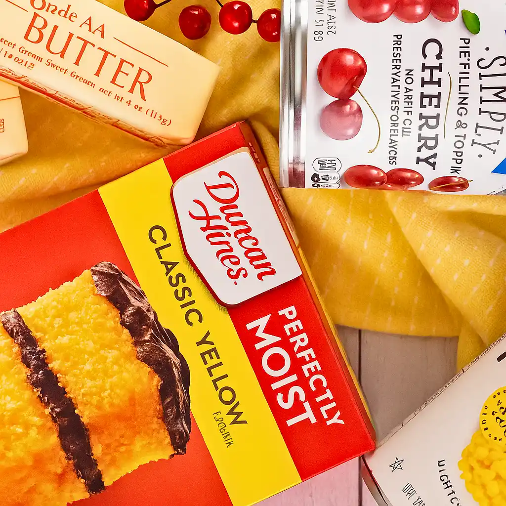 Cherry Pineapple Dump Cake (4 Ingredient Recipe) for Cherry Pineapple Dump Cake, including butter, cake mix, and canned cherry pie filling.
