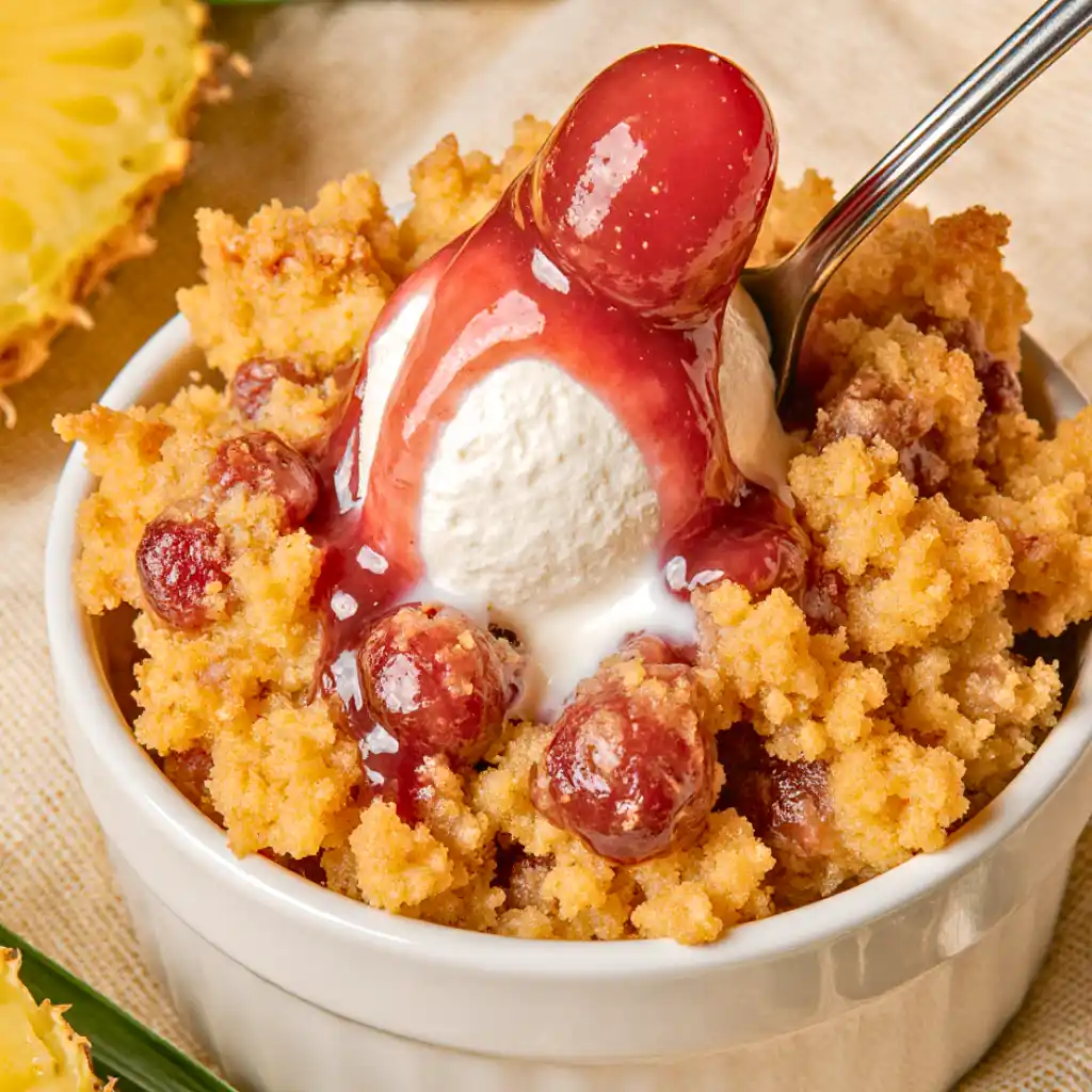 Close-up of a serving of Cherry Pineapple Dump Cake topped with a scoop of vanilla ice cream and cherry sauce.