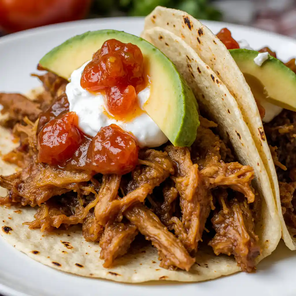 A warm tortilla filled with juicy, shredded chicken fajitas, topped with sour cream, salsa, and fresh avocado for an extra boost of flavor.