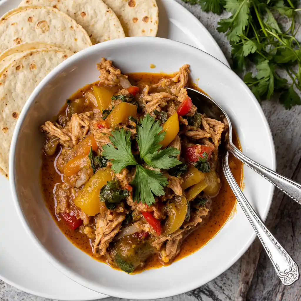 A bowl of shredded Easy Slow Cooker Chicken Fajitas with colorful bell peppers and onions.