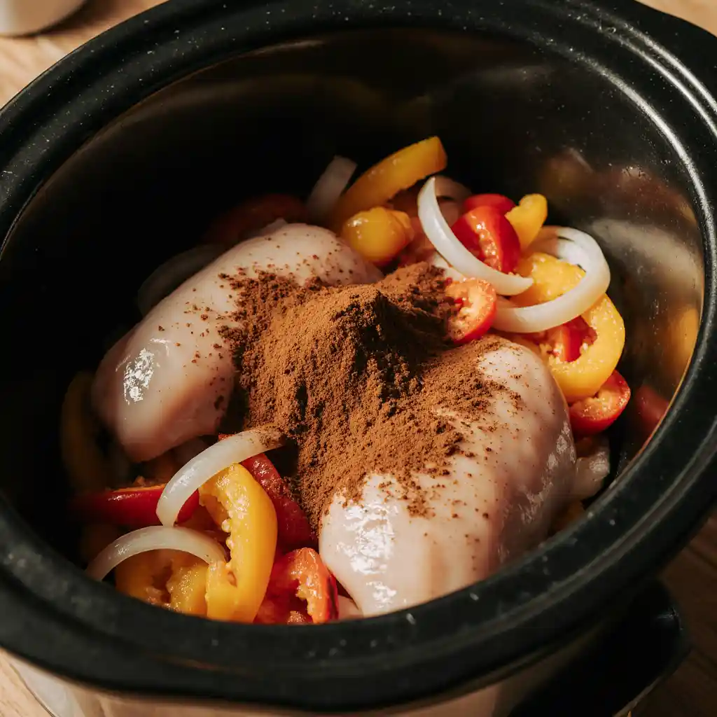 Slow cooker preparation for fajitas, with ingredients added into the cooker and seasonings ready for mixing.