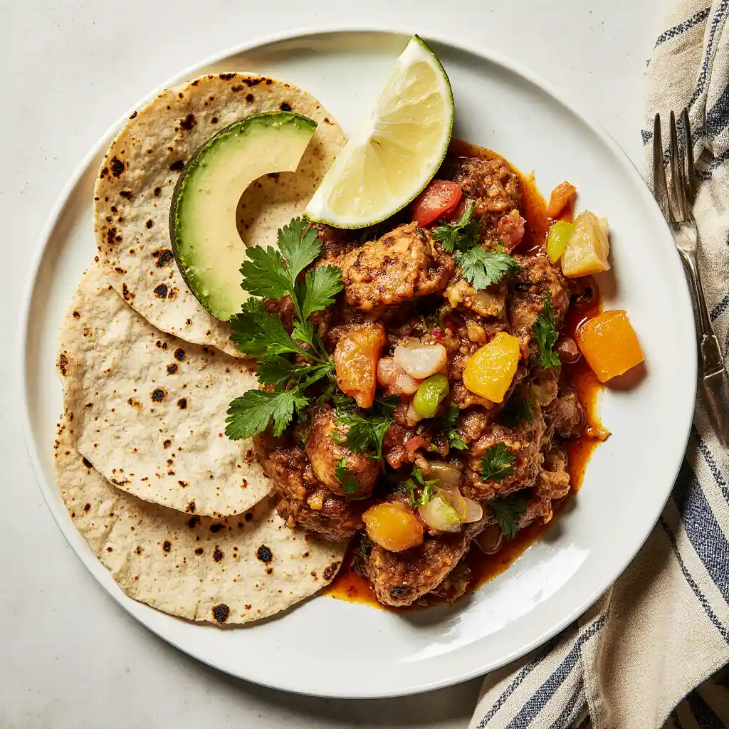 A plate of fajita slow cooker chicken served with tortillas, garnished with cilantro, and ready to enjoy.