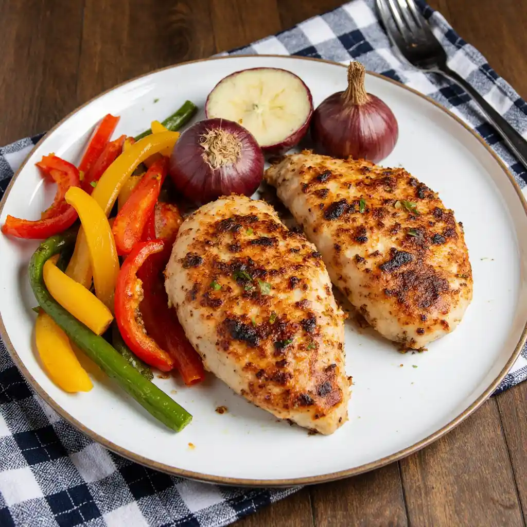 Key ingredients for the Fajita Slow Cooker Chicken Recipe, including chicken breasts, vibrant bell peppers, and a medium onion.