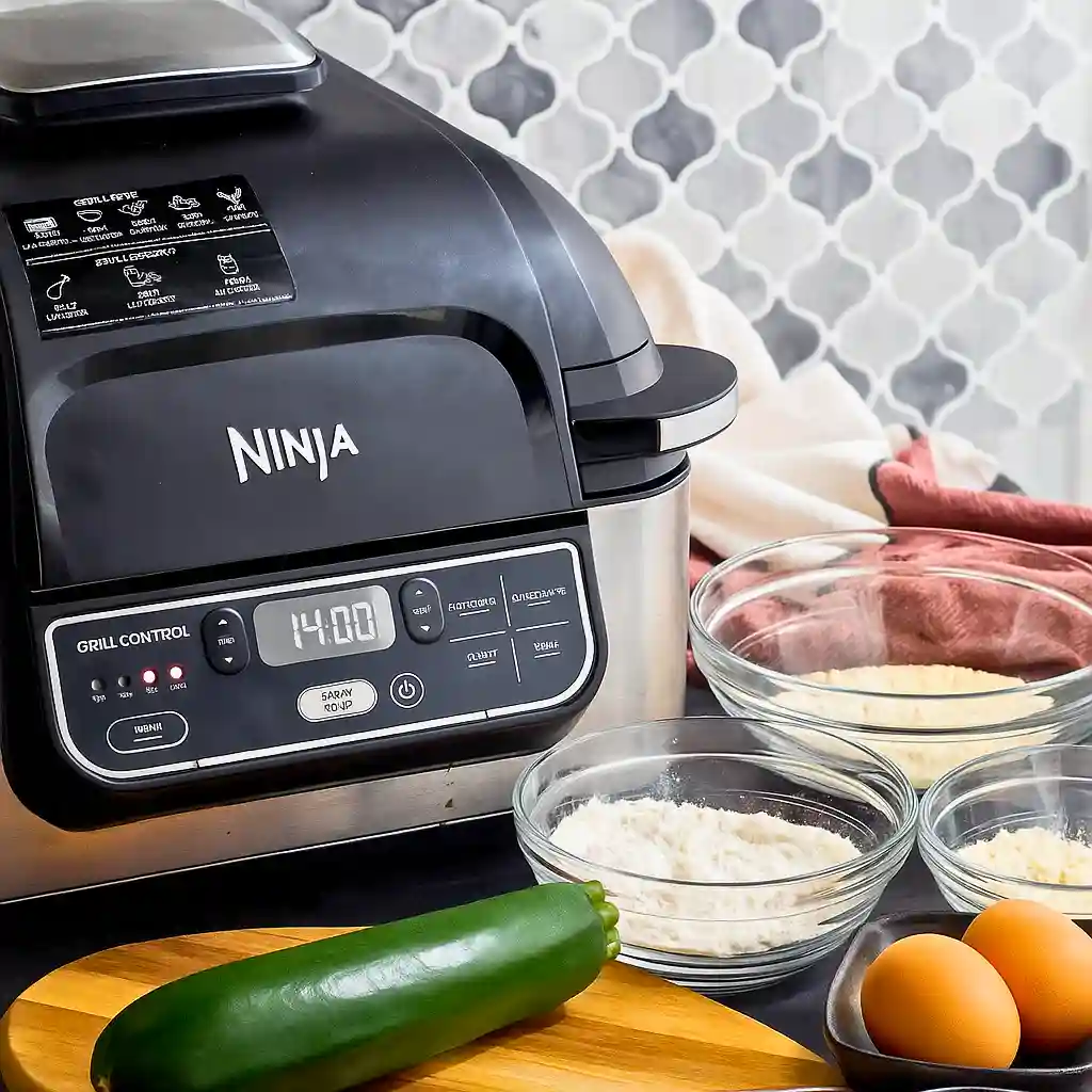 Ninja air fryer with zucchini fries ingredients laid out next to it.