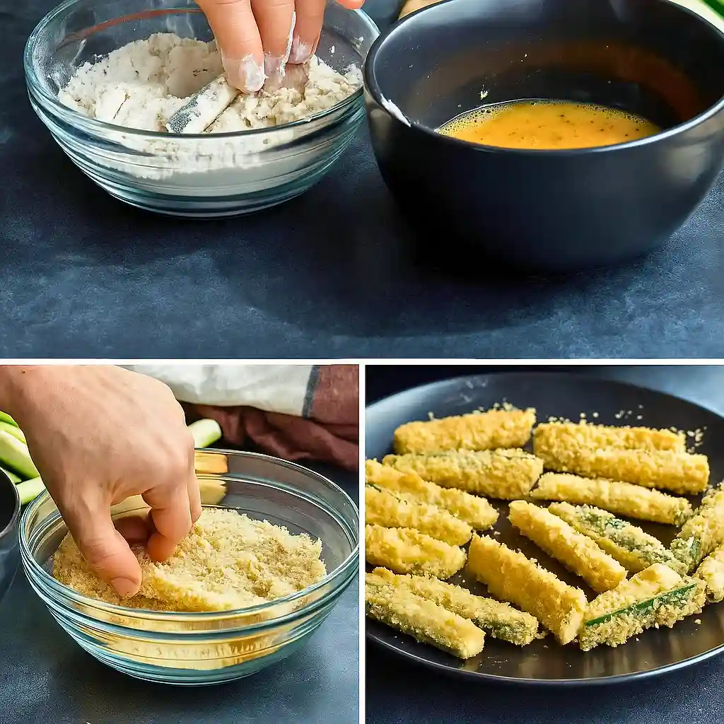 Zucchini fries being coated with flour, egg, and panko breadcrumbs for air frying.