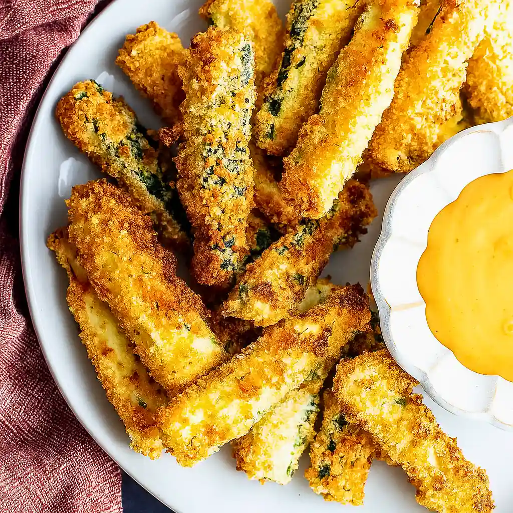 Crispy Garlic Parmesan Air Fryer Zucchini Fries served with a dipping sauce.