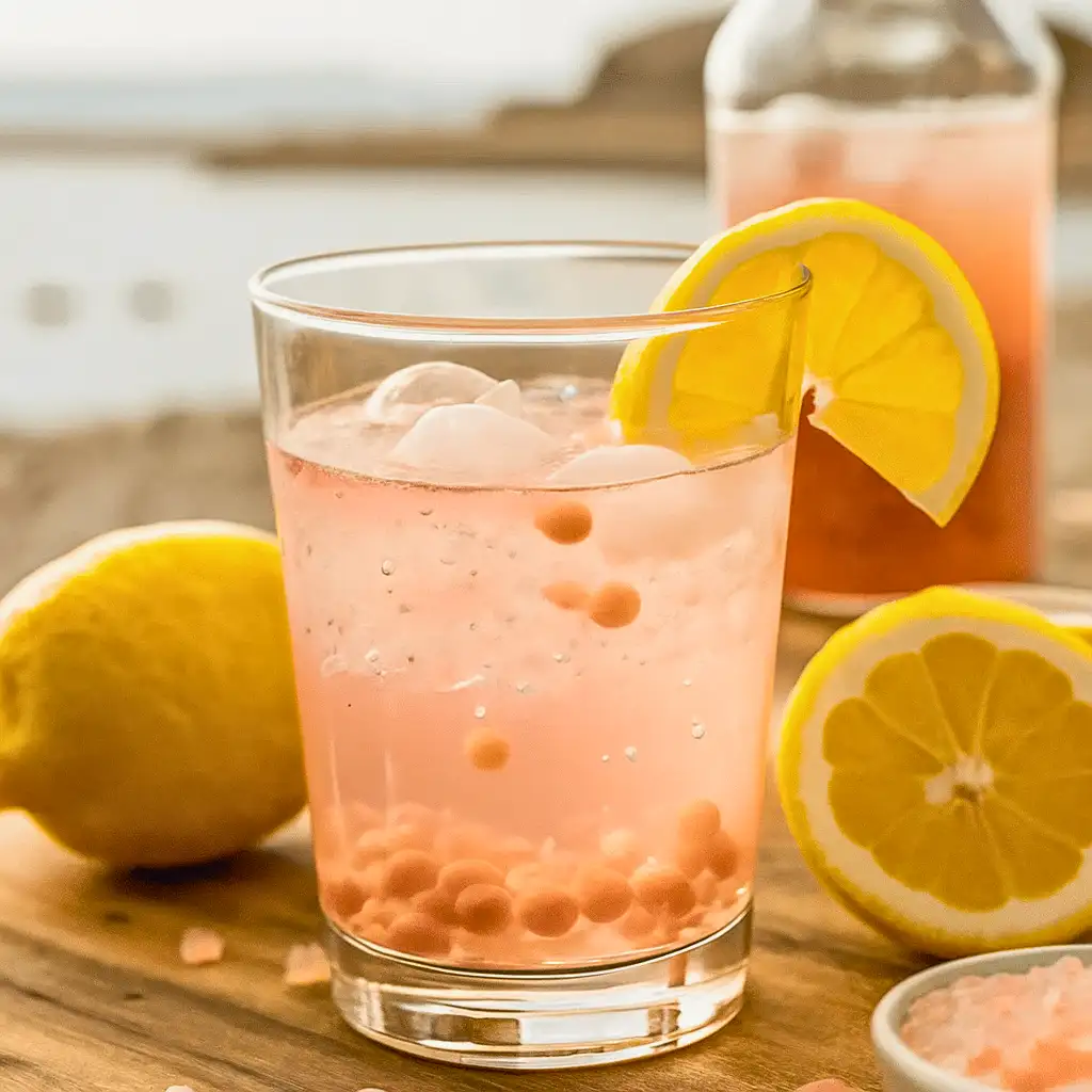 Japanese pink salt, lemon slices, and ginger root next to a glass of detox drink on a wooden tray.
