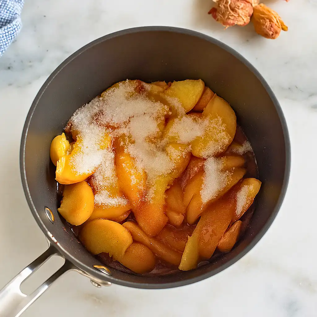 Sliced peaches with sugar and salt in a saucepan, preparing for the cobbler filling.
