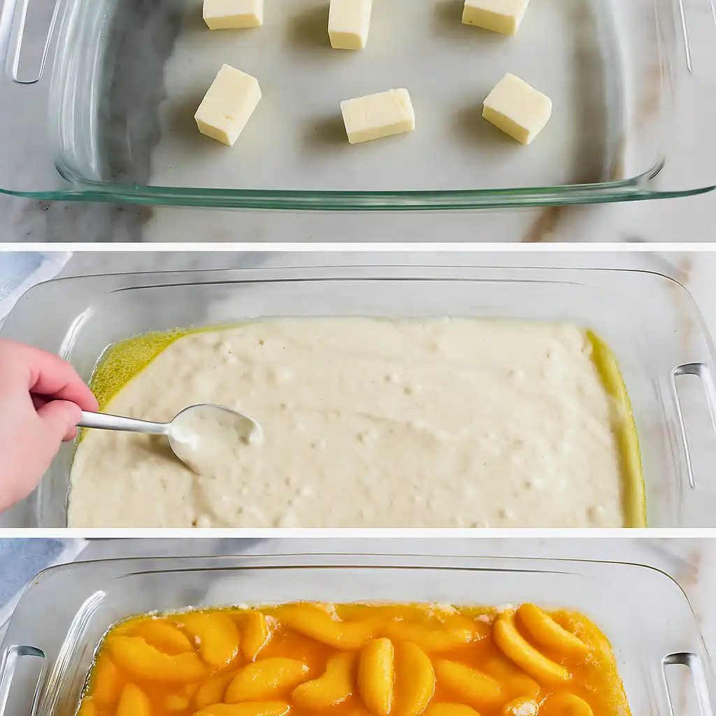 Step-by-step preparation of peach cobbler: butter melting in a baking dish, followed by a smooth batter layer.