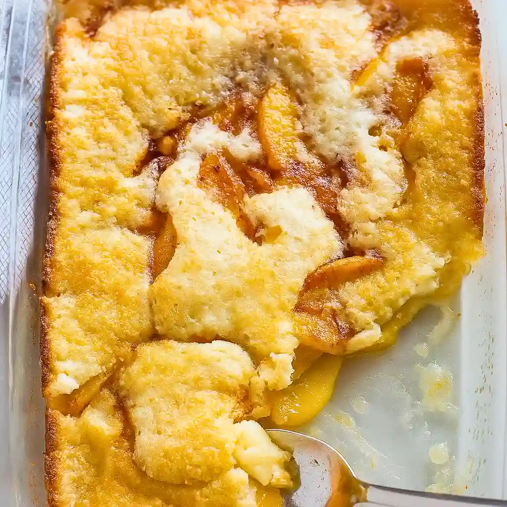 Golden, bubbling peach cobbler with a golden-brown top, fresh out of the oven, ready to be served.
