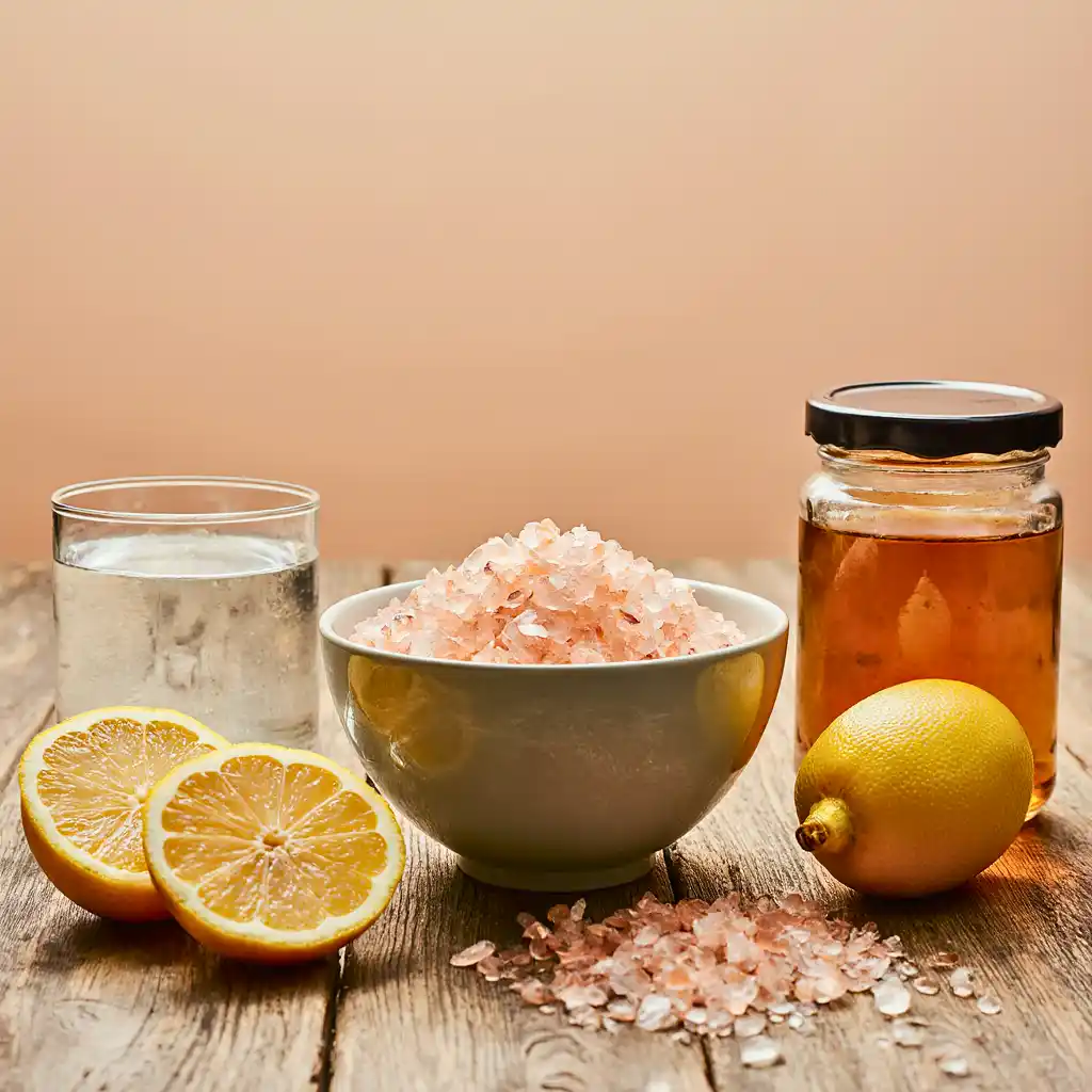Ingredients for the recipe pink salt trick: pink Himalayan salt, lemon, honey, and water