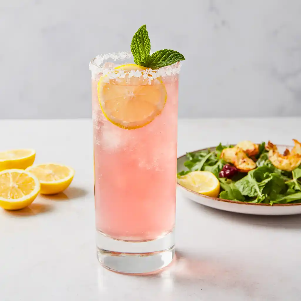 Served pink salt detox drink with lemon slices and mint on the rim