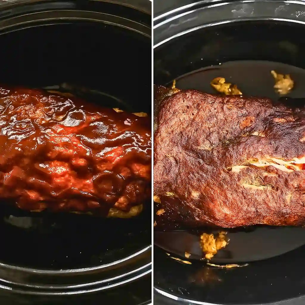 Ribs cooking in a slow cooker covered in BBQ sauce, ready for slow cooking.